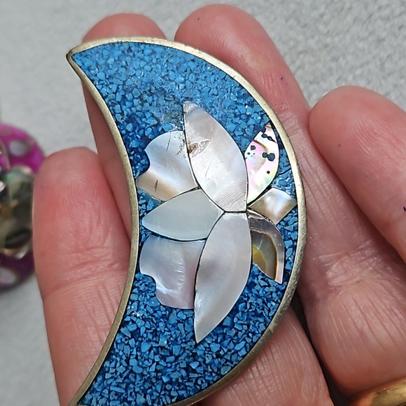 Vintage 1970s Alpaca Mexico, brooch and hair ties clips, abalone shell,turquoise - Picture 3 of 8